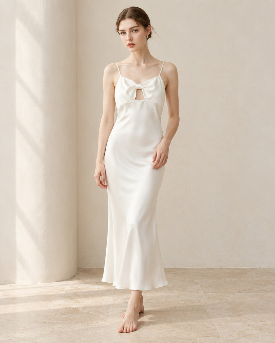 19 momme mulberry silk bow-keyhole midi dress in Ivory White