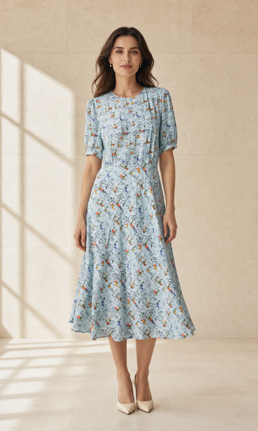 VELSÉE Riviera Muse 100% Mulberry Silk Printed Midi Dress – Round Neck Short Sleeve A-Line Dress