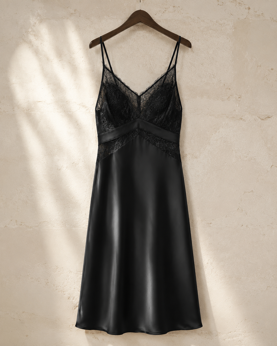 VELSÉE 100% 6A Mulberry Silk Lace Nightgown – V-Neck Midi Silk Chemise with Removable Pads