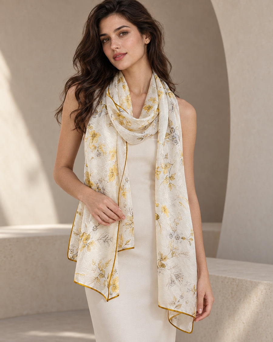 100% mulberry silk long scarf in a painterly floral print