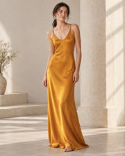 Stretch mulberry silk V-neck maxi slip dress in Amber Gold