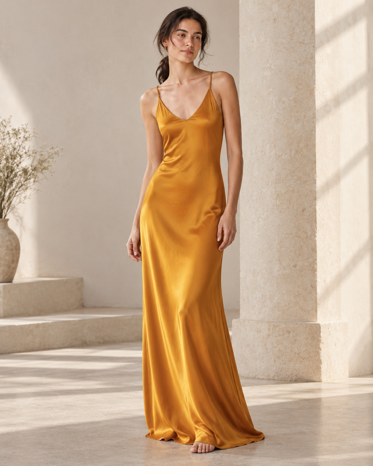 Stretch mulberry silk V-neck maxi slip dress in Amber Gold