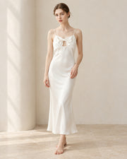 19 momme mulberry silk bow-keyhole midi dress in Ivory White