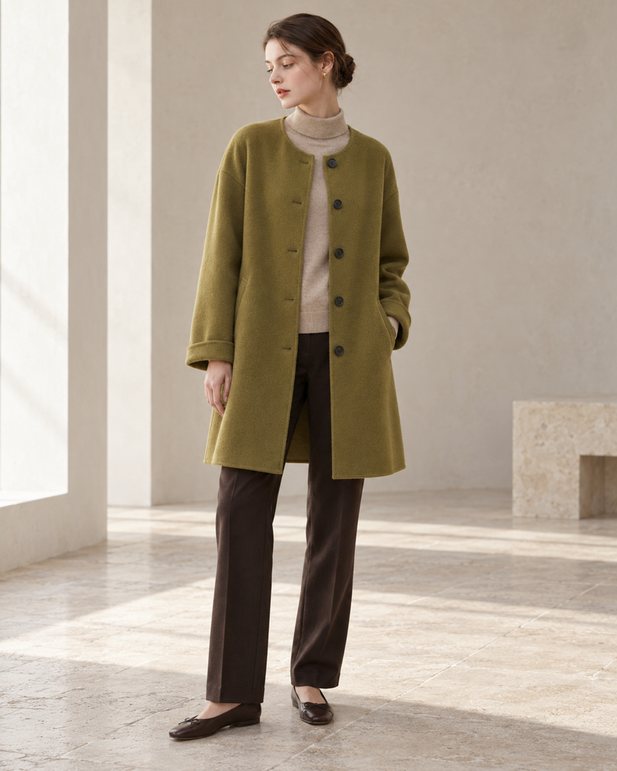 Cashmere-wool collarless coat in Moss Olive