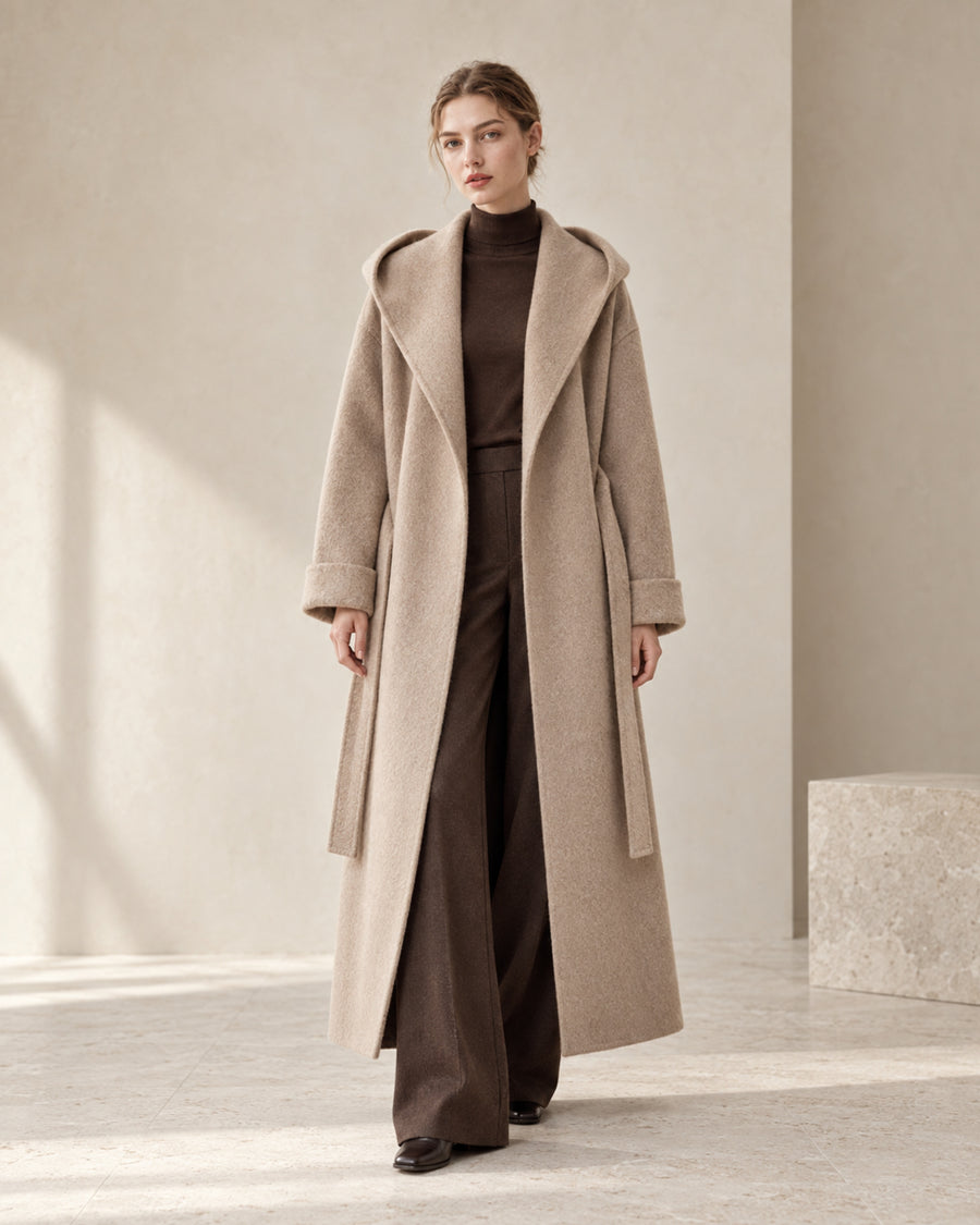 Hooded wool-cashmere-silk robe coat in Oat Camel
