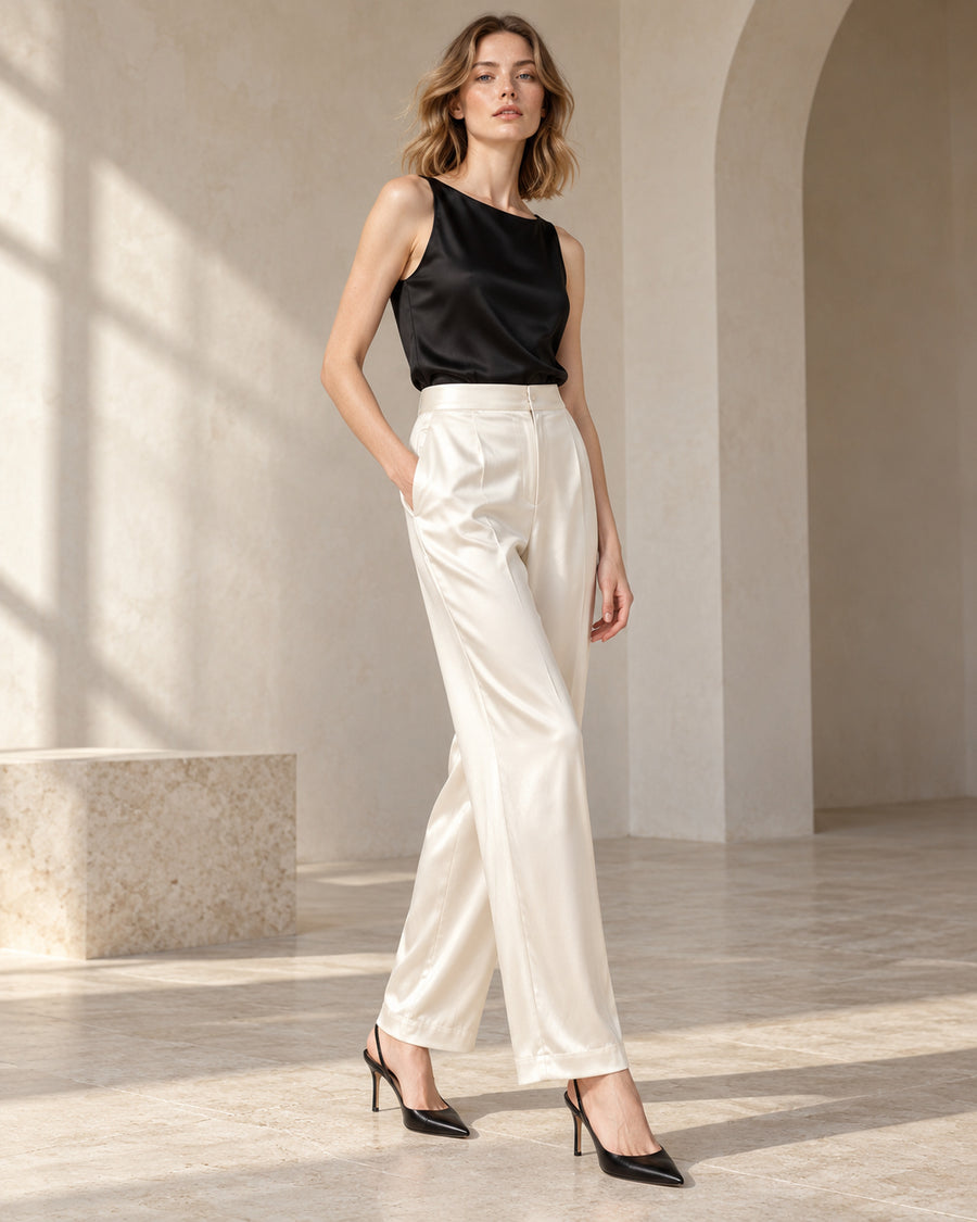 100% mulberry silk wide-leg trousers in Pearl Ivory