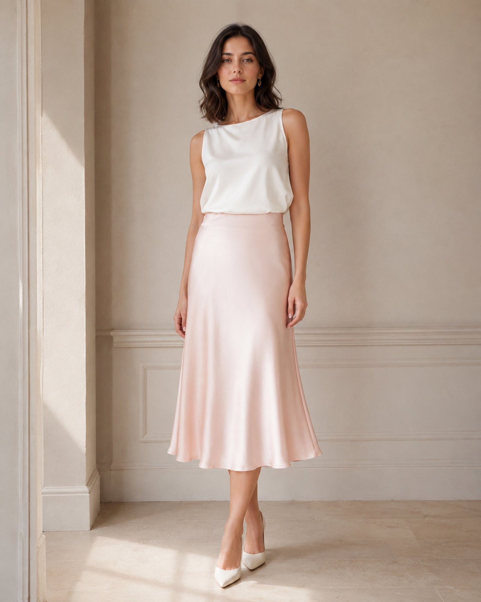 VELSEE Women's Mulberry Silk Bias-Cut Midi Skirt – High-Waist A-Line Satin Skirt