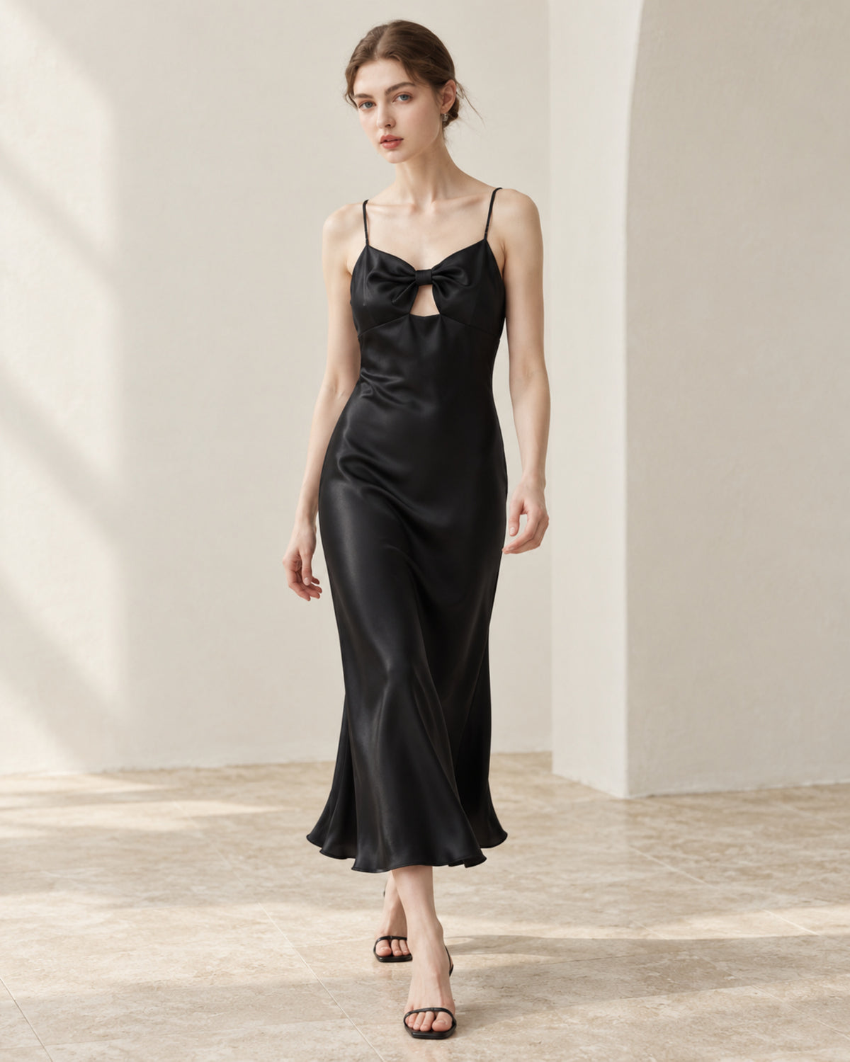 Sculpted 19-Momme Mulberry Silk Bow-Keyhole Midi Dress