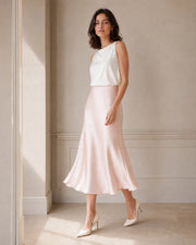 VELSEE Women's Mulberry Silk Bias-Cut Midi Skirt – High-Waist A-Line Satin Skirt