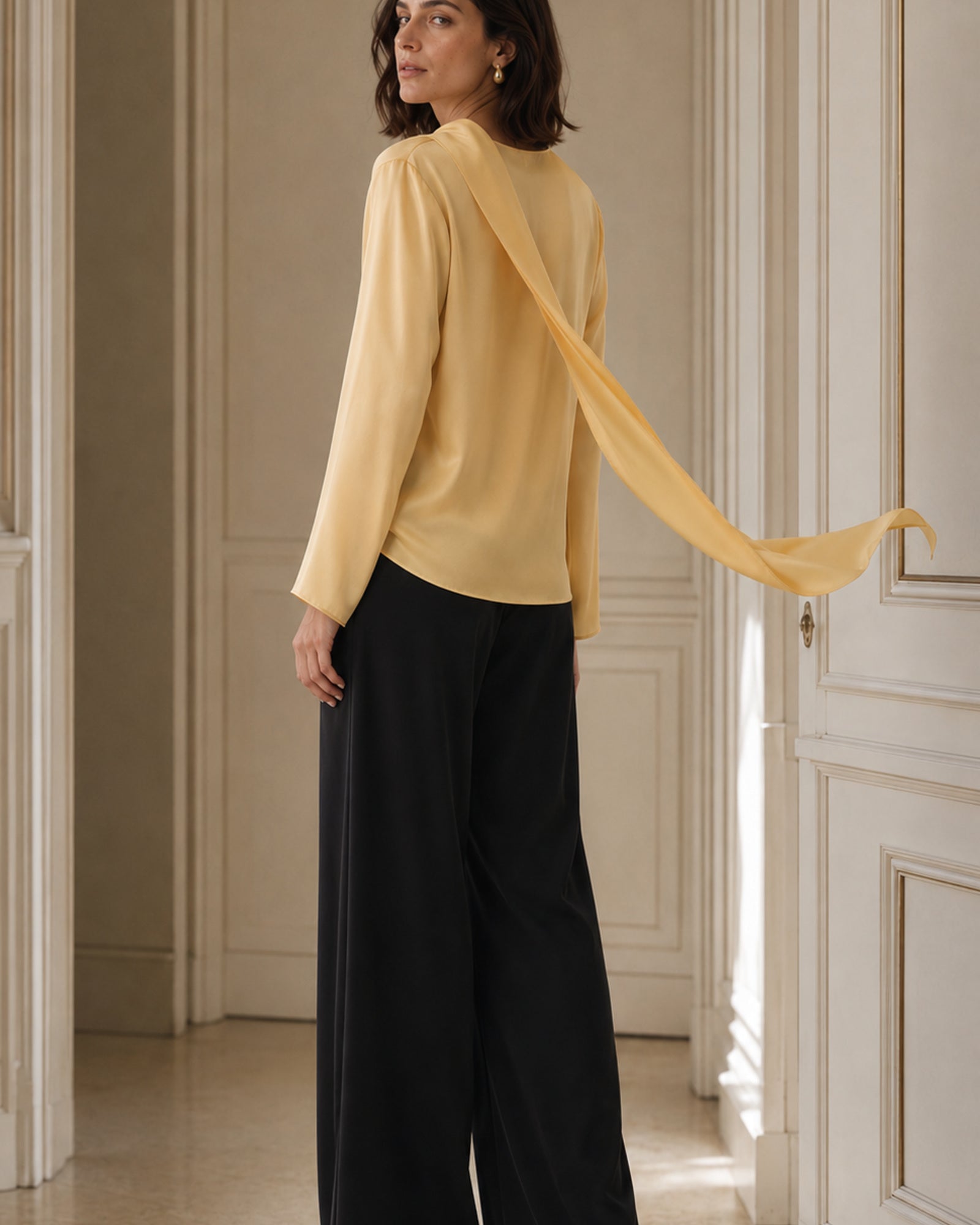 VELSEE Women's Mulberry Silk Scarf-Neck Blouse – Asymmetric Draped Long-Sleeve Top
