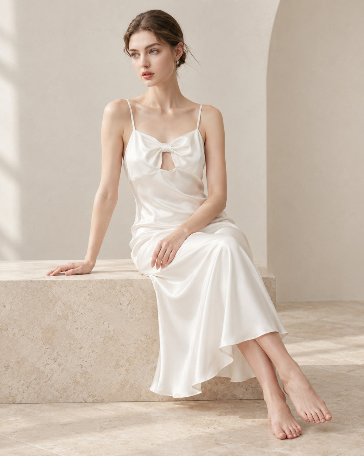 Sculpted 19-Momme Mulberry Silk Bow-Keyhole Midi Dress