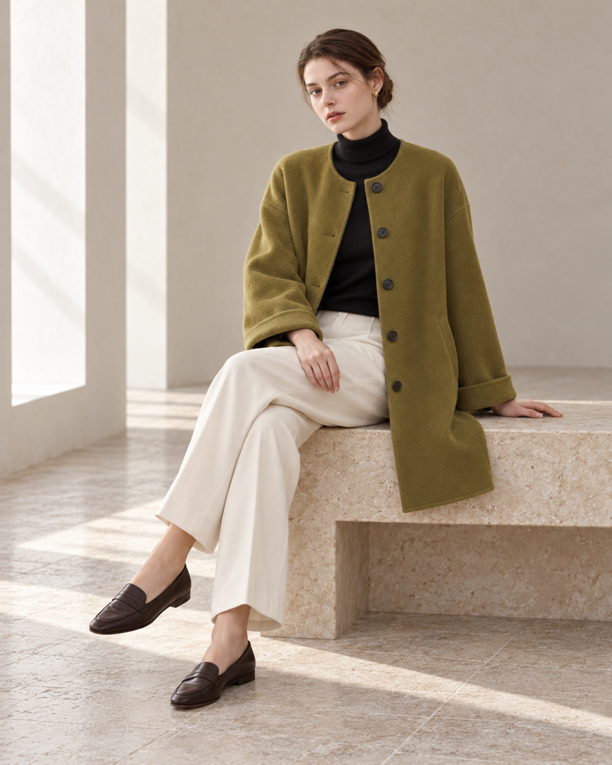 Ligne Calme Cashmere–Wool Collarless Coat