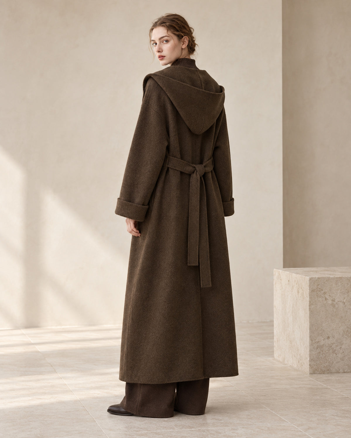 Architectural Hooded Wool-Cashmere-Silk Robe Coat