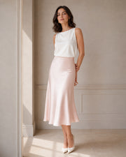 VELSEE Women's Mulberry Silk Bias-Cut Midi Skirt – High-Waist A-Line Satin Skirt