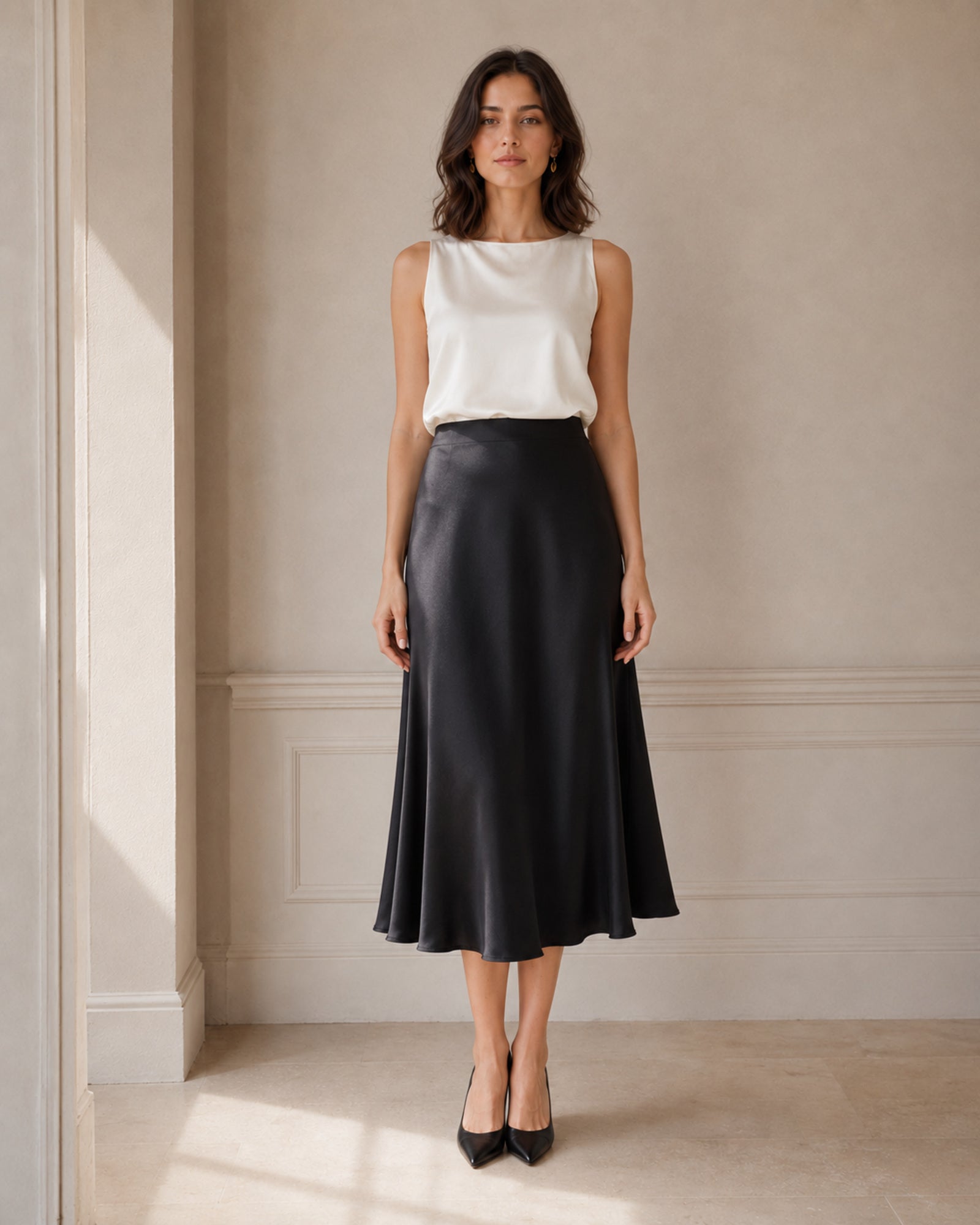 VELSEE Women's Mulberry Silk Bias-Cut Midi Skirt – High-Waist A-Line Satin Skirt