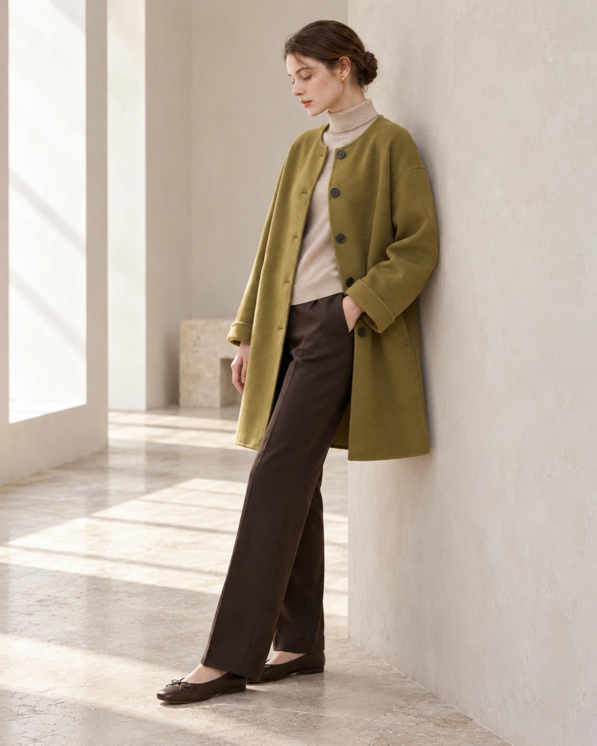 Ligne Calme Cashmere–Wool Collarless Coat