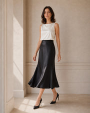 VELSEE Women's Mulberry Silk Bias-Cut Midi Skirt – High-Waist A-Line Satin Skirt