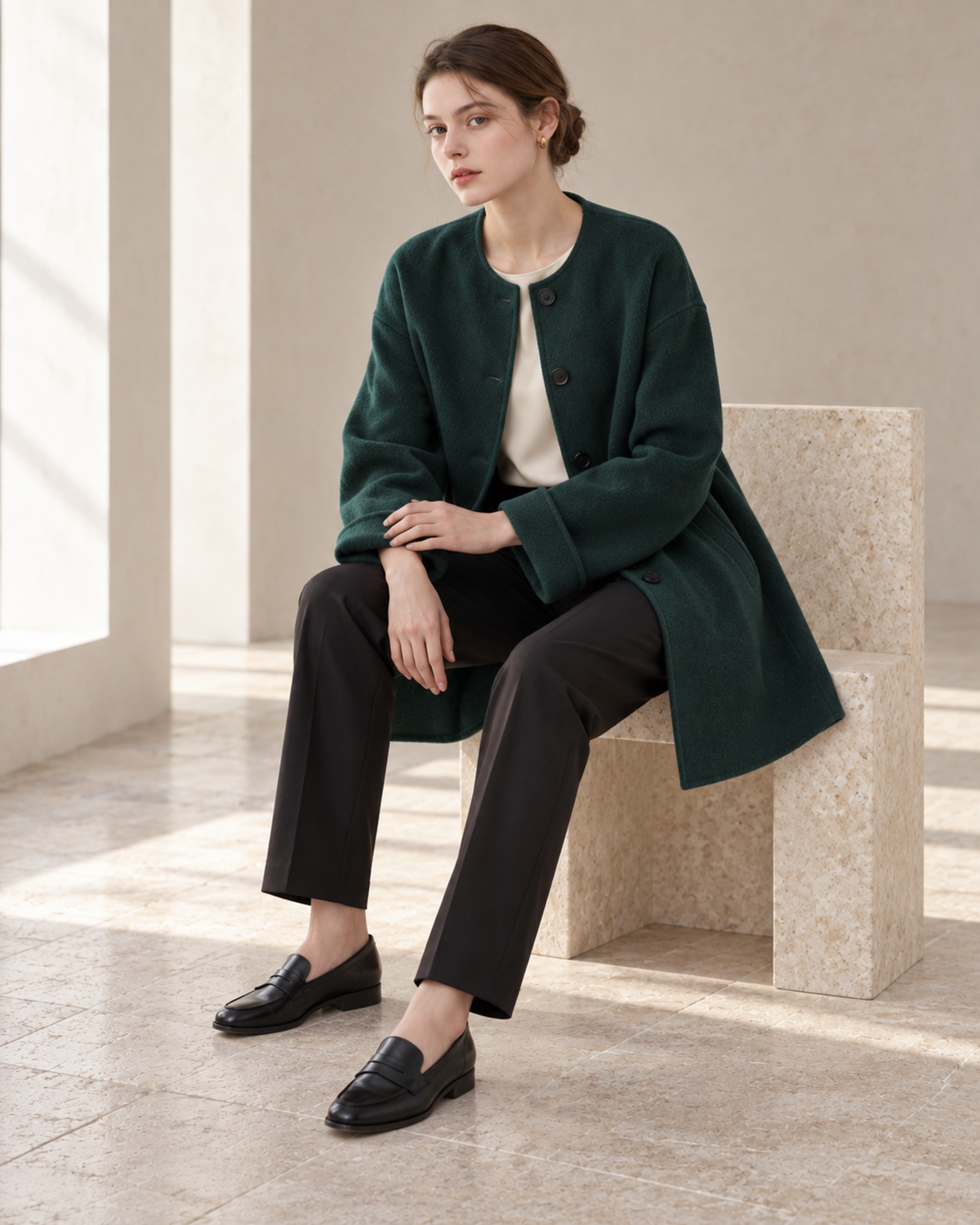 Ligne Calme Cashmere–Wool Collarless Coat