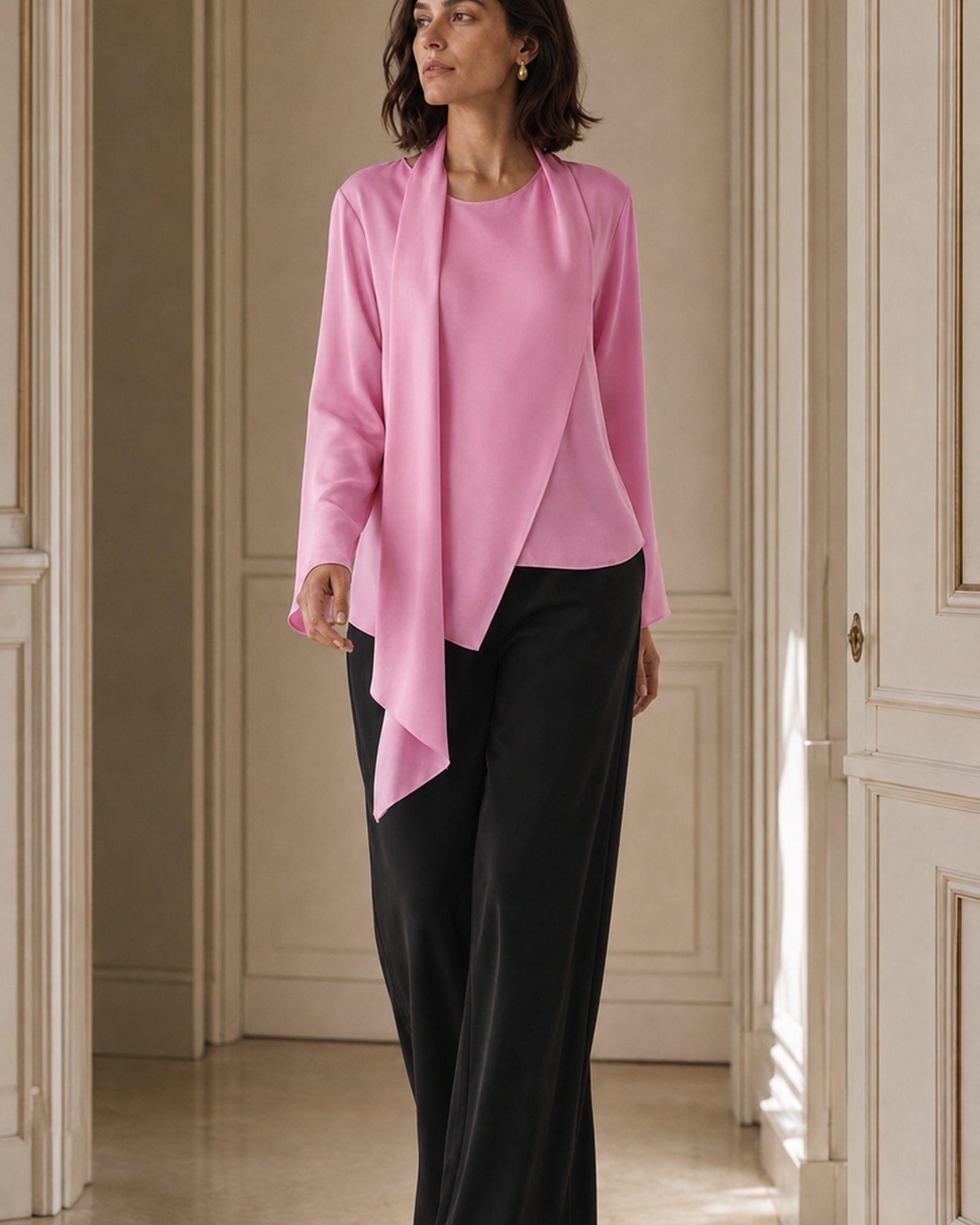 VELSEE Women's Mulberry Silk Scarf-Neck Blouse – Asymmetric Draped Long-Sleeve Top
