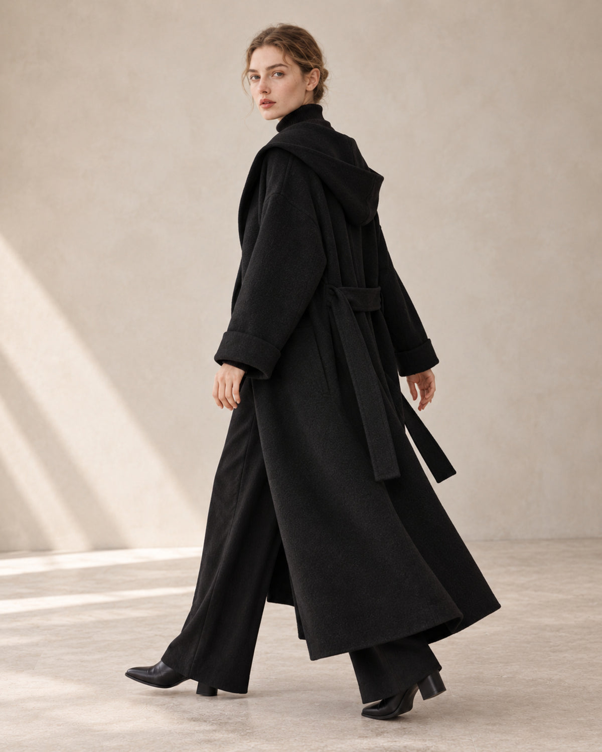 Architectural Hooded Wool-Cashmere-Silk Robe Coat