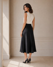 VELSEE Women's Mulberry Silk Bias-Cut Midi Skirt – High-Waist A-Line Satin Skirt