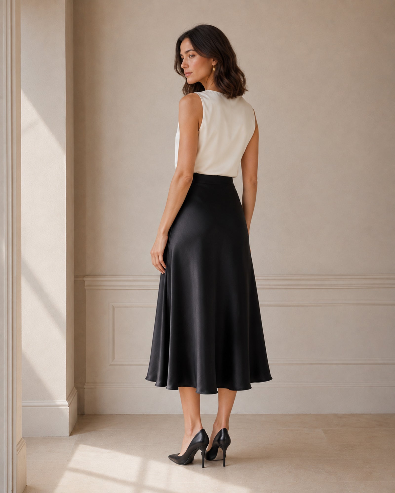 VELSEE Women's Mulberry Silk Bias-Cut Midi Skirt – High-Waist A-Line Satin Skirt