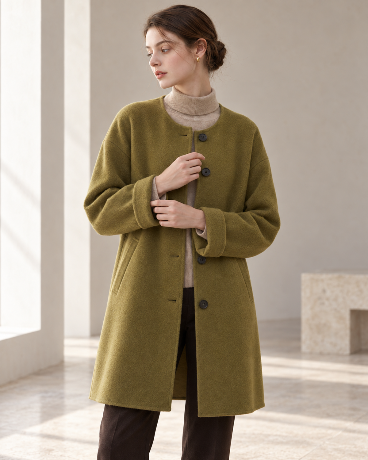 Ligne Calme Cashmere–Wool Collarless Coat