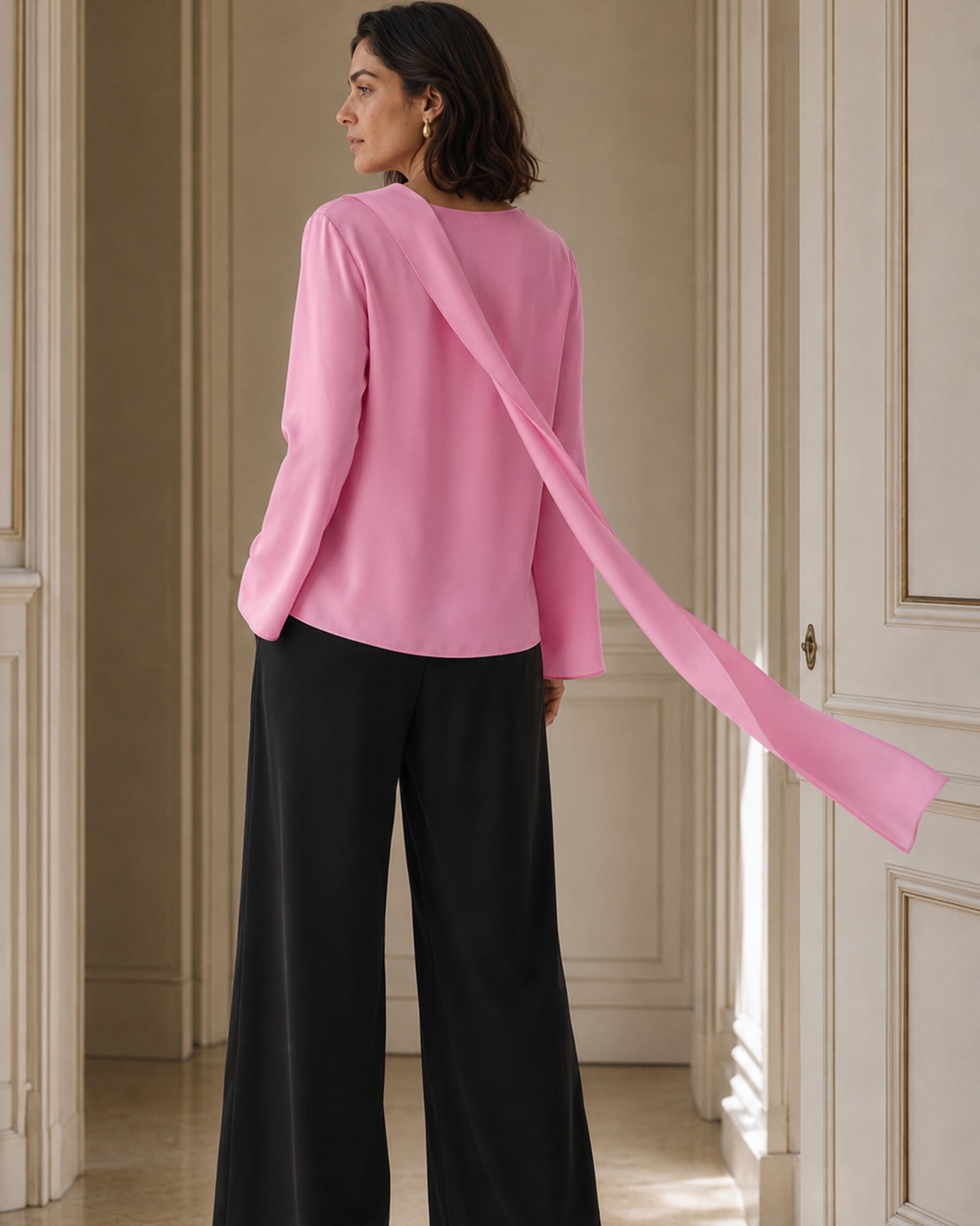 VELSEE Women's Mulberry Silk Scarf-Neck Blouse – Asymmetric Draped Long-Sleeve Top