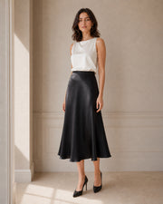 VELSEE Women's Mulberry Silk Bias-Cut Midi Skirt – High-Waist A-Line Satin Skirt