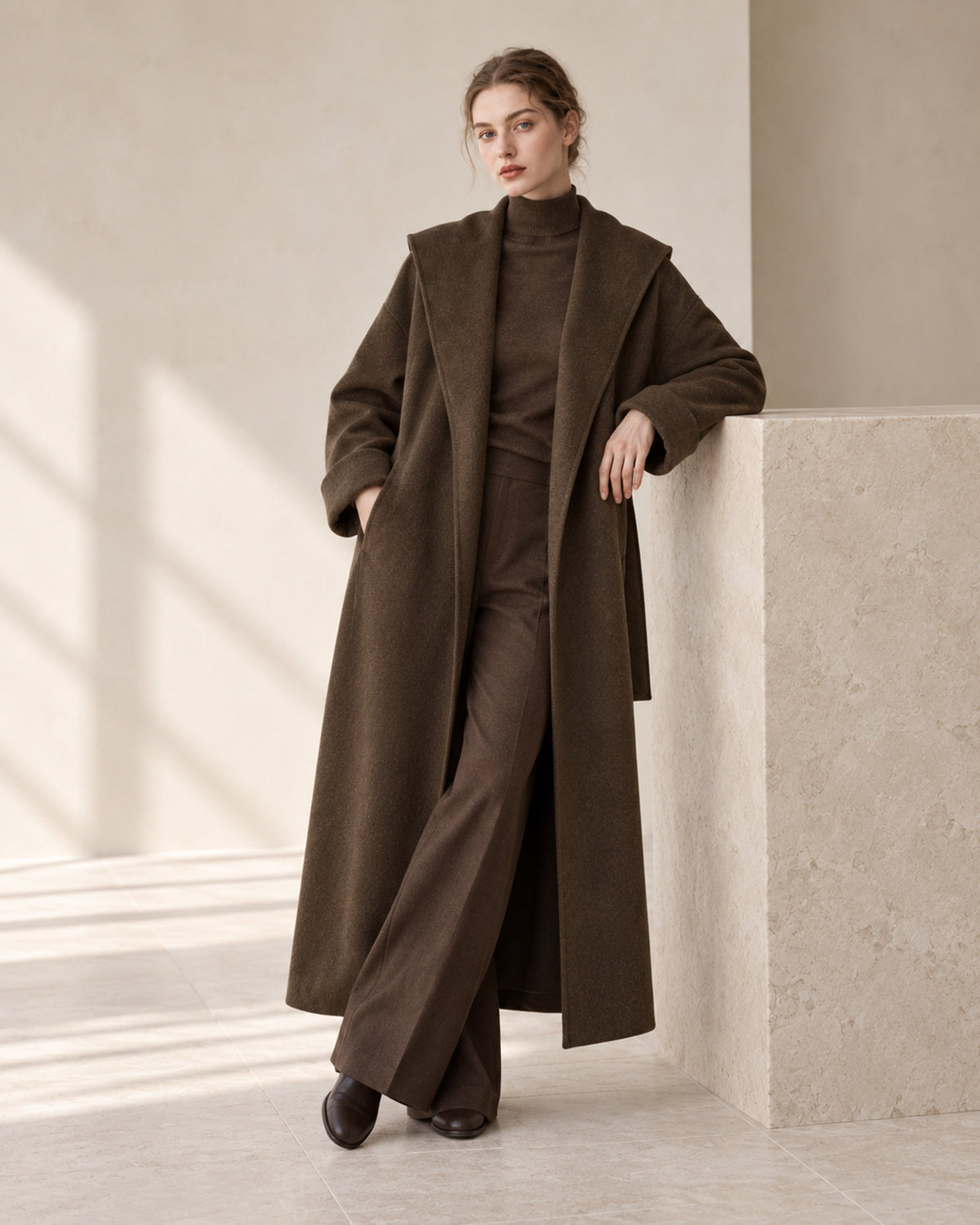 Architectural Hooded Wool-Cashmere-Silk Robe Coat