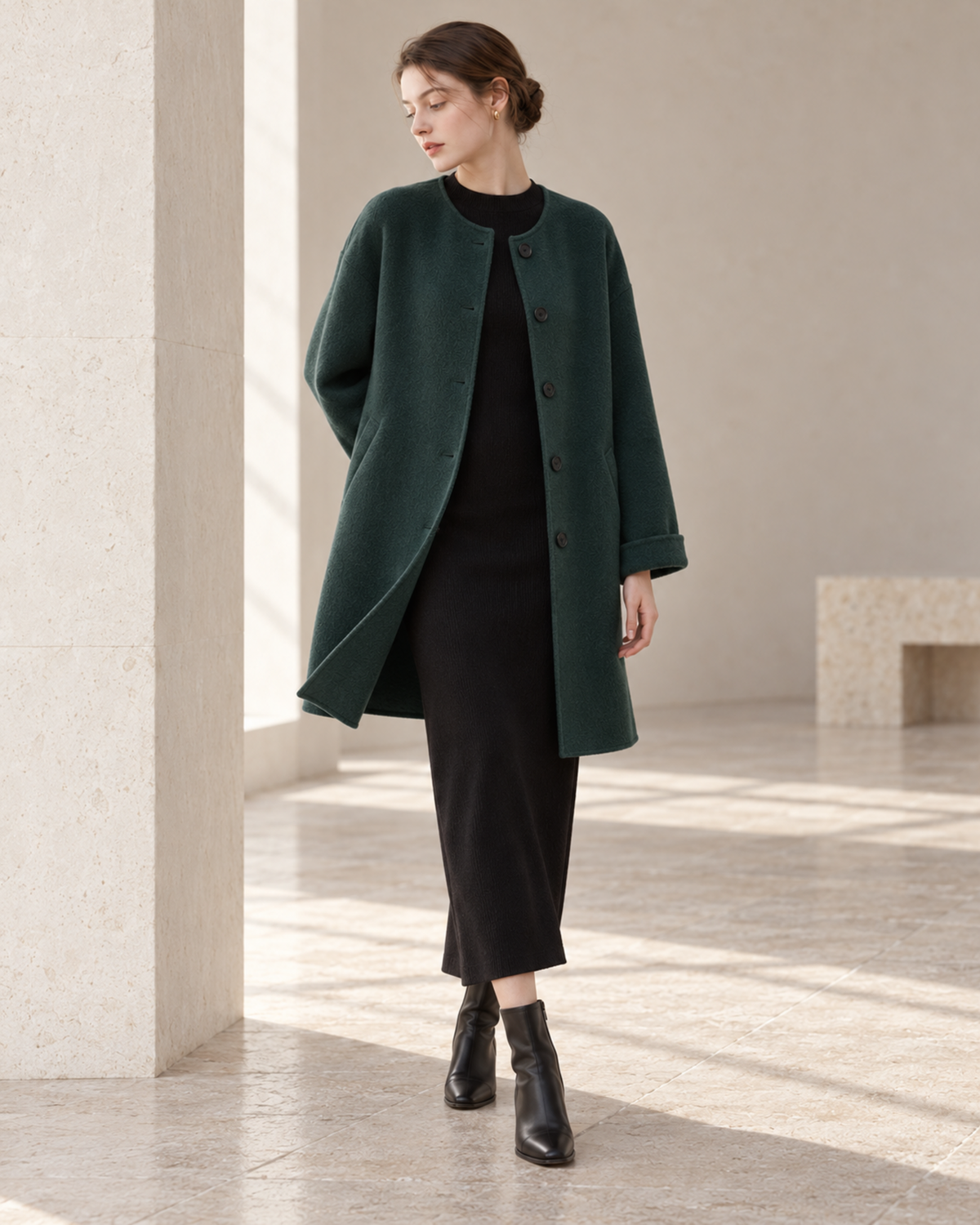 Ligne Calme Cashmere–Wool Collarless Coat