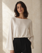 VELSÉE 100% Mulberry Silk Boat Neck Blouse – Bell Sleeve Luxury Work Top