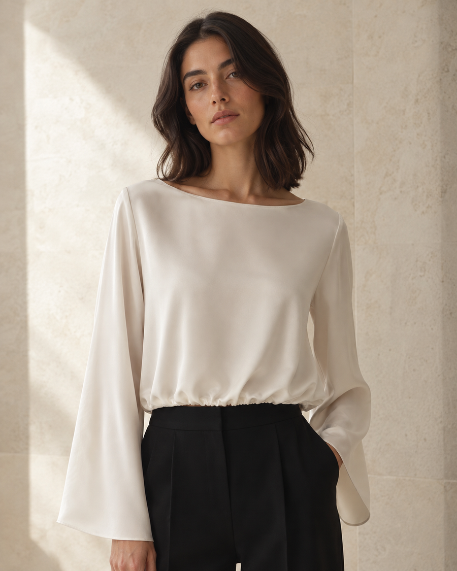 VELSÉE 100% Mulberry Silk Boat Neck Blouse – Bell Sleeve Luxury Work Top