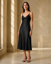 VELSÉE 100% 6A Mulberry Silk Lace Nightgown – V-Neck Midi Silk Chemise with Removable Pads
