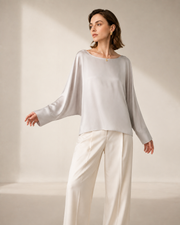Women’s 100% Mulberry Silk Batwing Sleeve Blouse, Relaxed Boat Neck Long Sleeve Luxury Silk Top