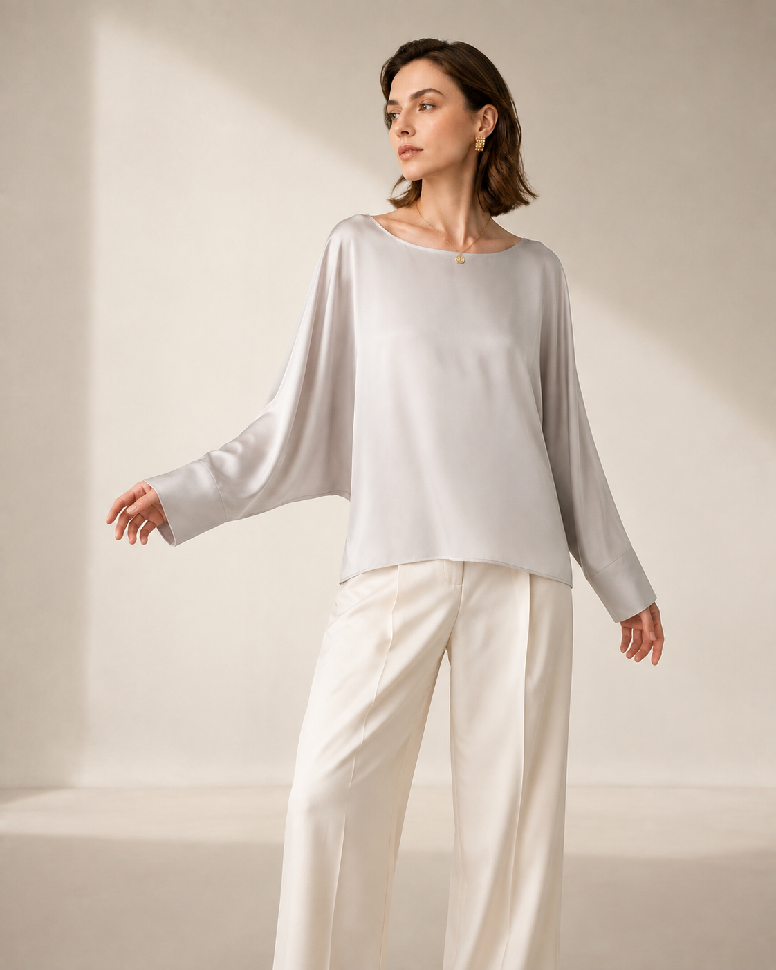Women’s 100% Mulberry Silk Batwing Sleeve Blouse, Relaxed Boat Neck Long Sleeve Luxury Silk Top