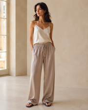 VELSÉE Women’s 19 Momme Mulberry Silk Wide-Leg Pants – Luxury Pull-On Palazzo Trousers with Adjustable Drawstring for Work, Travel & Casual Wear