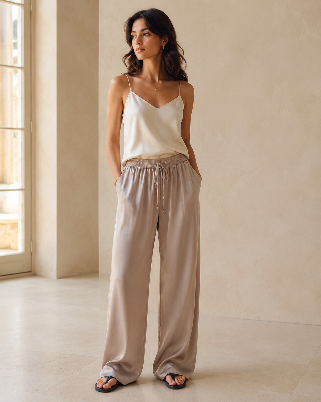 VELSÉE Women’s 19 Momme Mulberry Silk Wide-Leg Pants – Luxury Pull-On Palazzo Trousers with Adjustable Drawstring for Work, Travel & Casual Wear