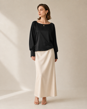 Women’s 100% Mulberry Silk Batwing Sleeve Blouse, Relaxed Boat Neck Long Sleeve Luxury Silk Top