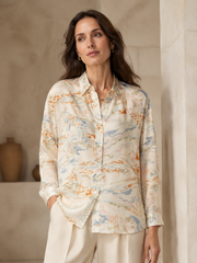 VELSÉE 100% Mulberry Silk Button-Down Shirt for Women – Abstract Print Oversized Long Sleeve Silk Blouse