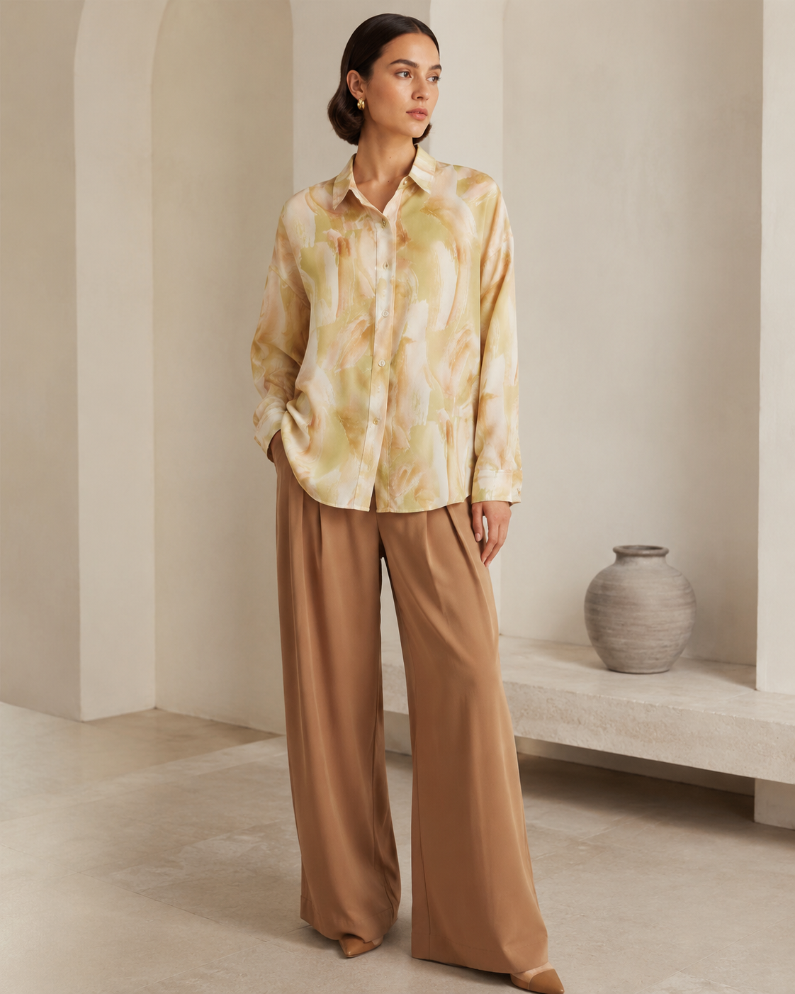 VELSÉE 100% Mulberry Silk Button-Down Shirt for Women – Abstract Print Oversized Long Sleeve Silk Blouse