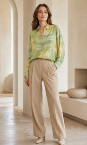 VELSÉE 100% Mulberry Silk Button-Down Shirt for Women – Abstract Print Oversized Long Sleeve Silk Blouse