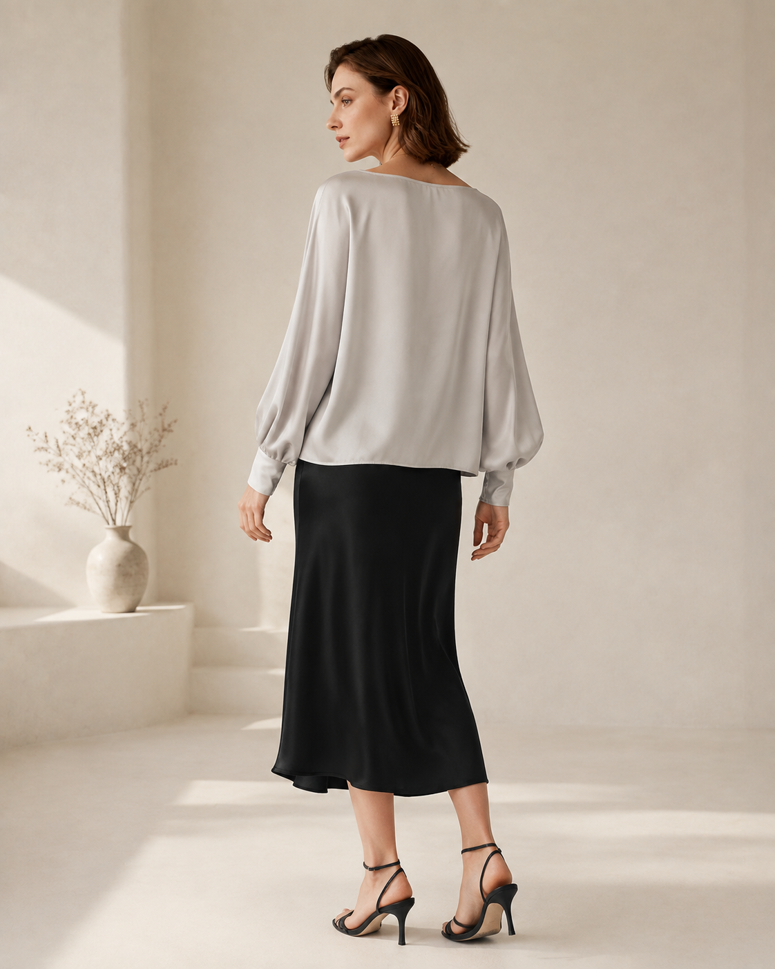 Women’s 100% Mulberry Silk Batwing Sleeve Blouse, Relaxed Boat Neck Long Sleeve Luxury Silk Top