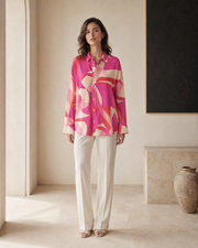 VELSÉE 100% Mulberry Silk Button-Down Shirt for Women – Abstract Print Oversized Long Sleeve Silk Blouse