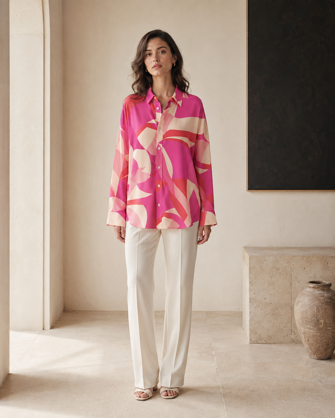 VELSÉE 100% Mulberry Silk Button-Down Shirt for Women – Abstract Print Oversized Long Sleeve Silk Blouse
