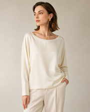 Women’s 100% Mulberry Silk Batwing Sleeve Blouse, Relaxed Boat Neck Long Sleeve Luxury Silk Top