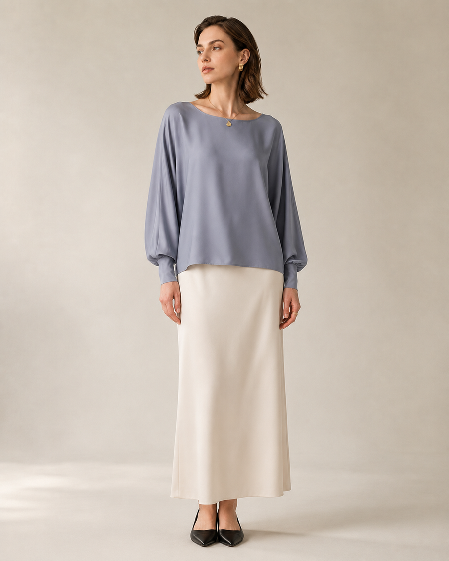 Women’s 100% Mulberry Silk Batwing Sleeve Blouse, Relaxed Boat Neck Long Sleeve Luxury Silk Top