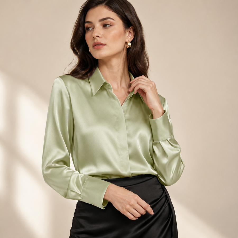 VELSÉE Silk Satin Button Down Blouse