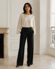 VELSÉE 100% Mulberry Silk Boat Neck Blouse – Bell Sleeve Luxury Work Top