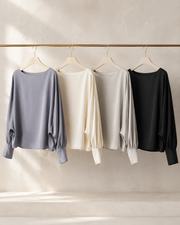 Women’s 100% Mulberry Silk Batwing Sleeve Blouse, Relaxed Boat Neck Long Sleeve Luxury Silk Top